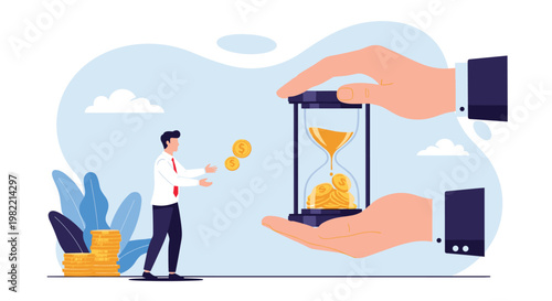 Businessman catching gold coins falling from a giant hourglass held by large hands symbolizing time is money and efficient wealth management.