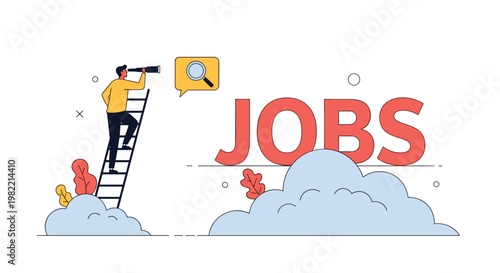 Determined job seeker on a ladder looking through a telescope towards a large JOBS sign representing career search and professional opportunities.