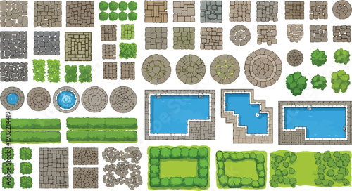 Top Down Vector Landscape Design Elements Set Featuring Paving Stones And Pools