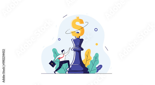Ambitious businessman climbing a giant chess king piece topped with a gold dollar sign symbolizing strategic career growth and financial success.