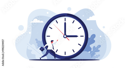 Stressed businessman attempting to hold back a giant rolling clock representing tight deadlines, time pressure, and struggle with time management.