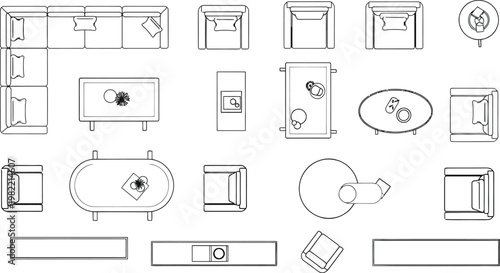 Top View Furniture Set Collection Featuring Various Modern Living Room Seating And Tables