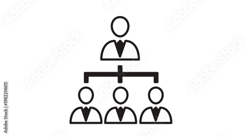 Business organizational chart vector icon featuring a manager at the top connected to three subordinates. Minimalist black silhouette illustration for leadership, team hierarchy, and management.