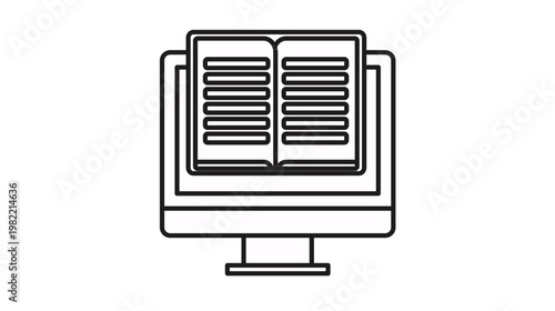 Online education and e-learning vector icon featuring an open book on a computer monitor screen. Minimalist black line art illustration for digital library, distance learning, and web design.