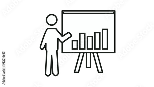 Business presentation vector icon illustration featuring a person pointing to a flipchart with a bar graph and rising arrow, representing growth, success, data analysis, and education.