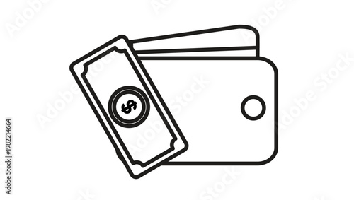 Minimalist black line art vector icon illustration of a wallet containing credit cards with a dollar bill in front, symbolizing finance, money, savings, payment, and banking concepts.