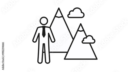Minimalist black line art vector icon illustration of a businessman standing before mountains and clouds, symbolizing ambition, career goals, leadership, overcoming challenges, and success.