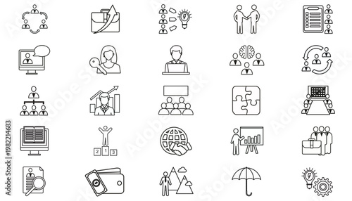 Business and Professional Vector Icon Set: 25 Minimalist Black Silhouette Symbols for Teamwork, HR Recruitment, Career Growth, Finance, Leadership, Education, Innovation, and Global Partnership.