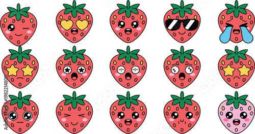 Cute strawberry emoticon collection featuring various facial expressions including heart eyes cool sunglasses crying and happy fruit characters for stickers and nursery design.