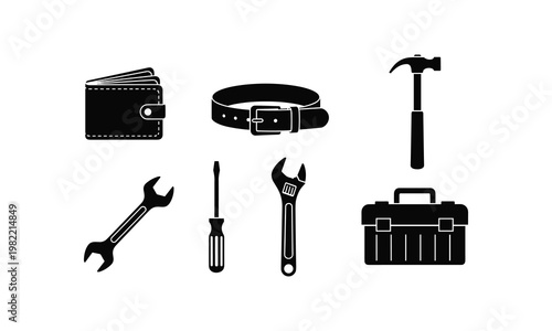 Black silhouette wallet, belt, hammer, wrench, screwdriver, toolbox vector illustration.