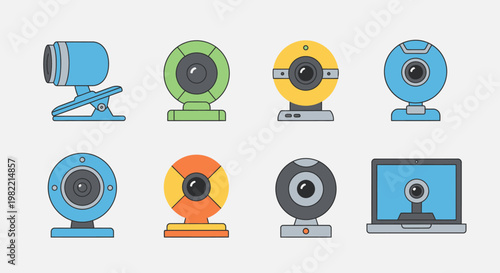 Colorful flat design vector icons of various desk lamps.