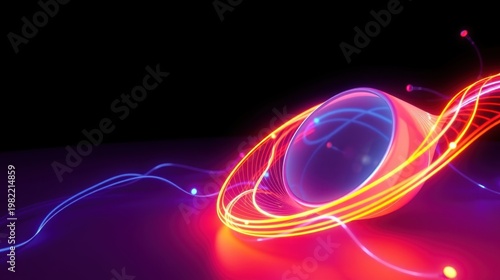 Bright neon sphere, rings, lines. Futuristic design, dark background, vibrant colors, glowing effect, abstract composition.