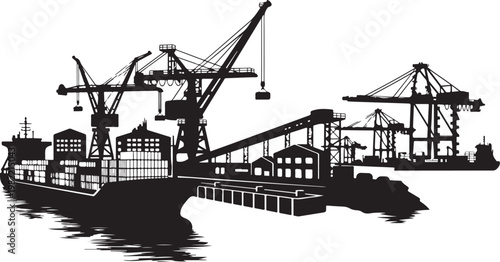 Industrial harbor, cargo ship, cranes, dock, silhouette, vector illustration