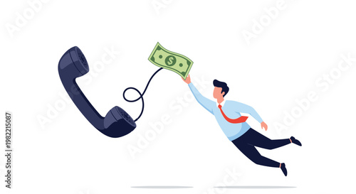Businessman flying through the air pulled by a telephone cord while reaching for a dollar bill representing cold calling and sales commissions.