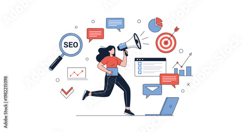 Marketing professional running with a megaphone surrounded by SEO, analytics, and social media icons representing a dynamic digital marketing campaign.