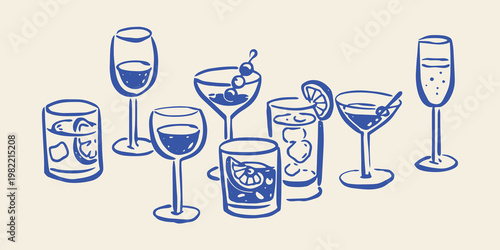 Cocktail glasses set naive doodle vector illustration
