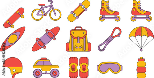 Extreme sports and outdoor adventure icon set featuring skateboard bicycle roller skates kayak backpack parachute helmet and monster truck for active lifestyle vector design.