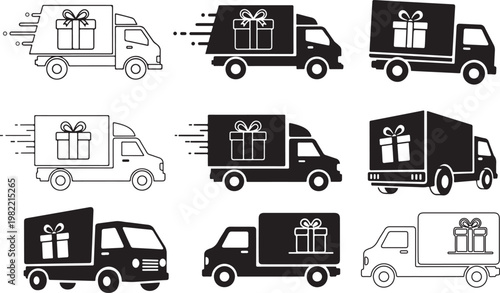 Delivery truck icon set carrying a gift box for festive occasion.Delivery truck icon set vector illustraton.