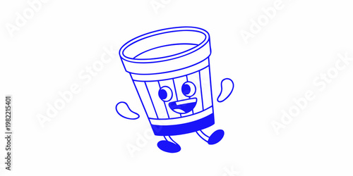 A whimsical blue glass with a smiling face and tiny legs