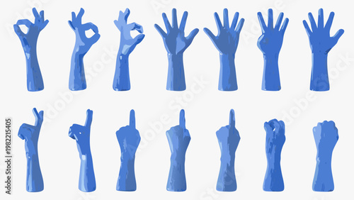 A collection of blue hands displaying various hand gestures and signs