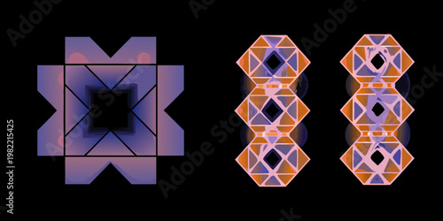 Geometric patterns with repeating diamond shapes on a black background