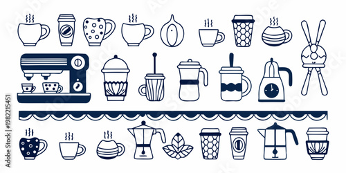 A collection of hand drawn coffee and tea related items in blue