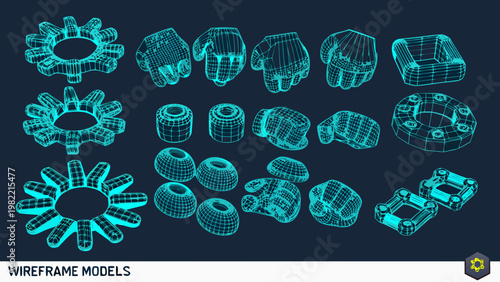 Collection of blue wireframe geometric shapes and mechanical components