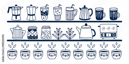 Collection of hand drawn coffee pots cups and a toaster illustration