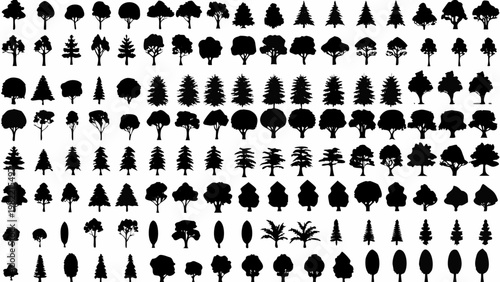 Collection of diverse tree silhouettes arranged in a grid pattern