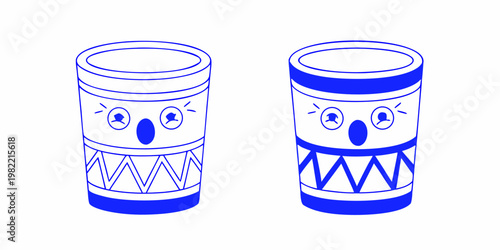 Two blue cylindrical drums with stylized faces and geometric patterns