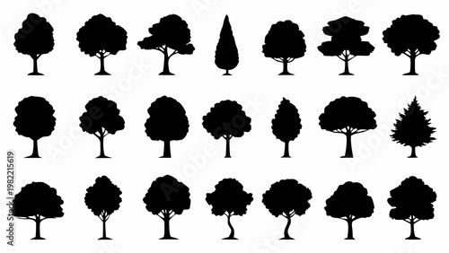 Collection of various black silhouette trees in different shapes and sizes