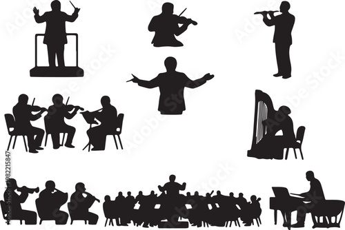 various orchestra and conductor performing classical music silhouette vector set