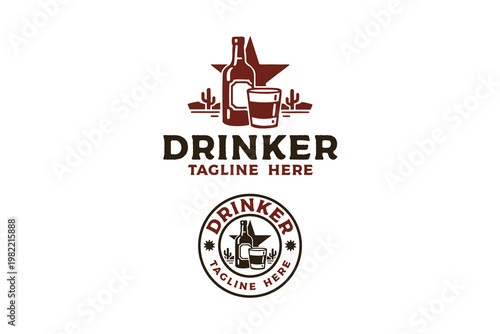 Whiskey bottle and glass retro badge logo design set for western lifestyle. Liquor bottle with dessert vintage patch symbol pack for adventure. Drinker with alcohol and glass rustic element designs