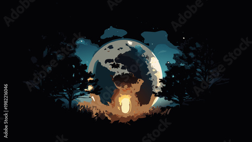 A solitary figure sits with a glowing orb in a dark stylized landscape