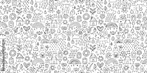 Whimsical black and white doodle pattern with flowers rainbows and houses