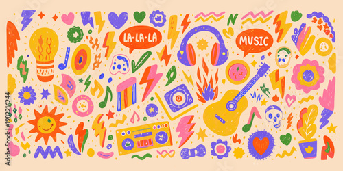 Colorful doodle illustration featuring music related icons and playful design elements