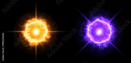 Fotografia Two glowing magical energy orbs featuring vibrant orange and purple light flares