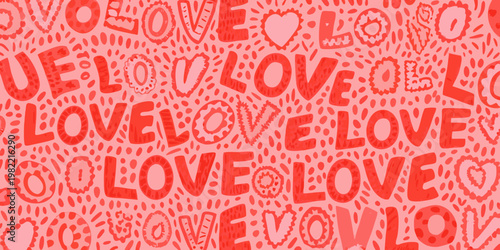 A vibrant repeating pattern of love and heart motifs in red hues