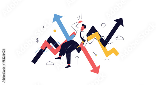 Worried businessman struggling to maintain balance on a volatile zig-zag line graph with up and down arrows representing extreme market fluctuations.