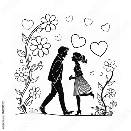 A romantic vector illustration of a girl and boy silhouette couple kissing against a pink heart design for a wedding or Valentine's Day card