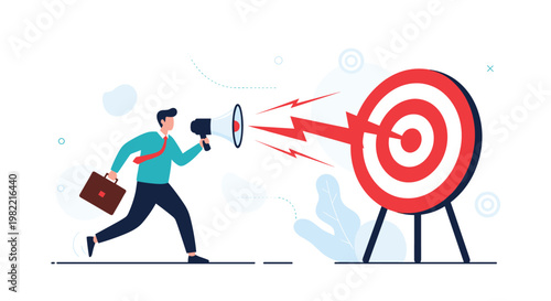 Professional communicator using a megaphone to direct a powerful lightning bolt towards a bullseye target representing effective marketing and sales impact.