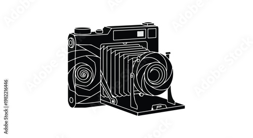 Camera bellows design depicts a vintage folding device rendered in a minimalist black and white graphic style for creative projects.