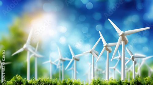 Wind turbines generating renewable energy on green field under blue sky with sunlight and soft bokeh creating clean sustainable landscape. Concept of green energy and environmental sustainability