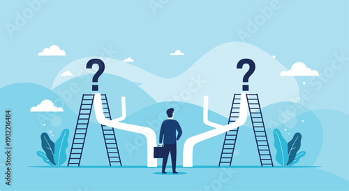 Professional man at a fork in the road contemplating two different career paths each with a ladder and a question mark representing career choices.