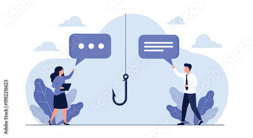 Businessman and woman standing next to large fishing hook with speech bubbles symbolizing potential risks or bait in social communication.