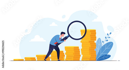 Focused businessman uses giant magnifying glass to examine stacks of gold coins for financial audit and investment analysis purposes.