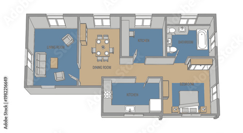 Detailed architectural floor plan illustration of a residential apartment, showcasing multiple rooms including living, dining, kitchen, and bedrooms with furniture.