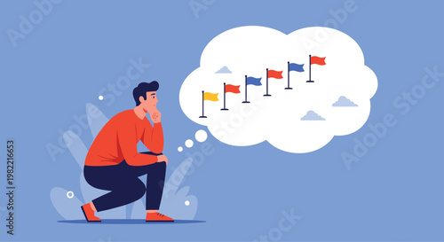 Thoughtful man squats and looks at thought bubble containing row of flags representing strategic planning and achieving different milestones.