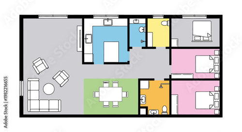 Overhead view of a modern house floor plan with living room, dining area, kitchen, three bedrooms, and two bathrooms.