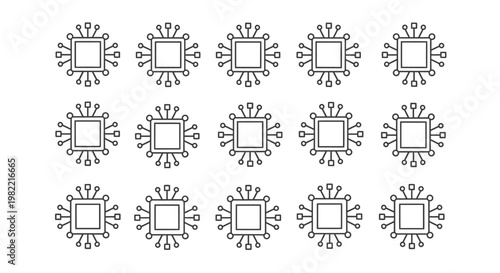 A grid of fifteen identical line art icons depicting microchips or computer processors, symbolizing technology and computing.